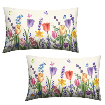 Spring Floral Outdoor Lumbar Pillow Covers 12x20 Set of 2 Tulip Lavender Flower Butterfly Throw Pillows Covers Summer