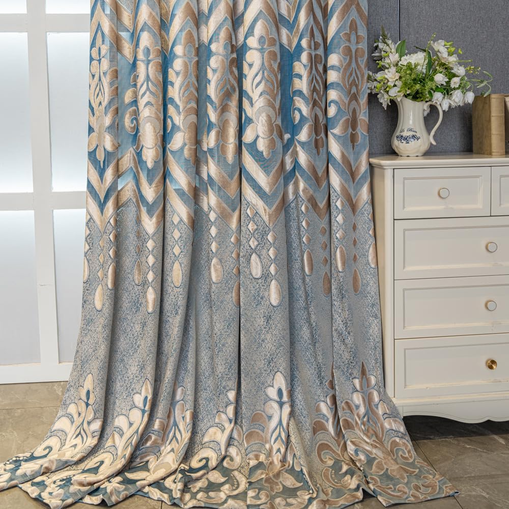 1 Pair European Semi-Sheer Curtains for Living Room Bedroom Embroidered Hollow Luxury Curtains (Blue,52x96 Inch)