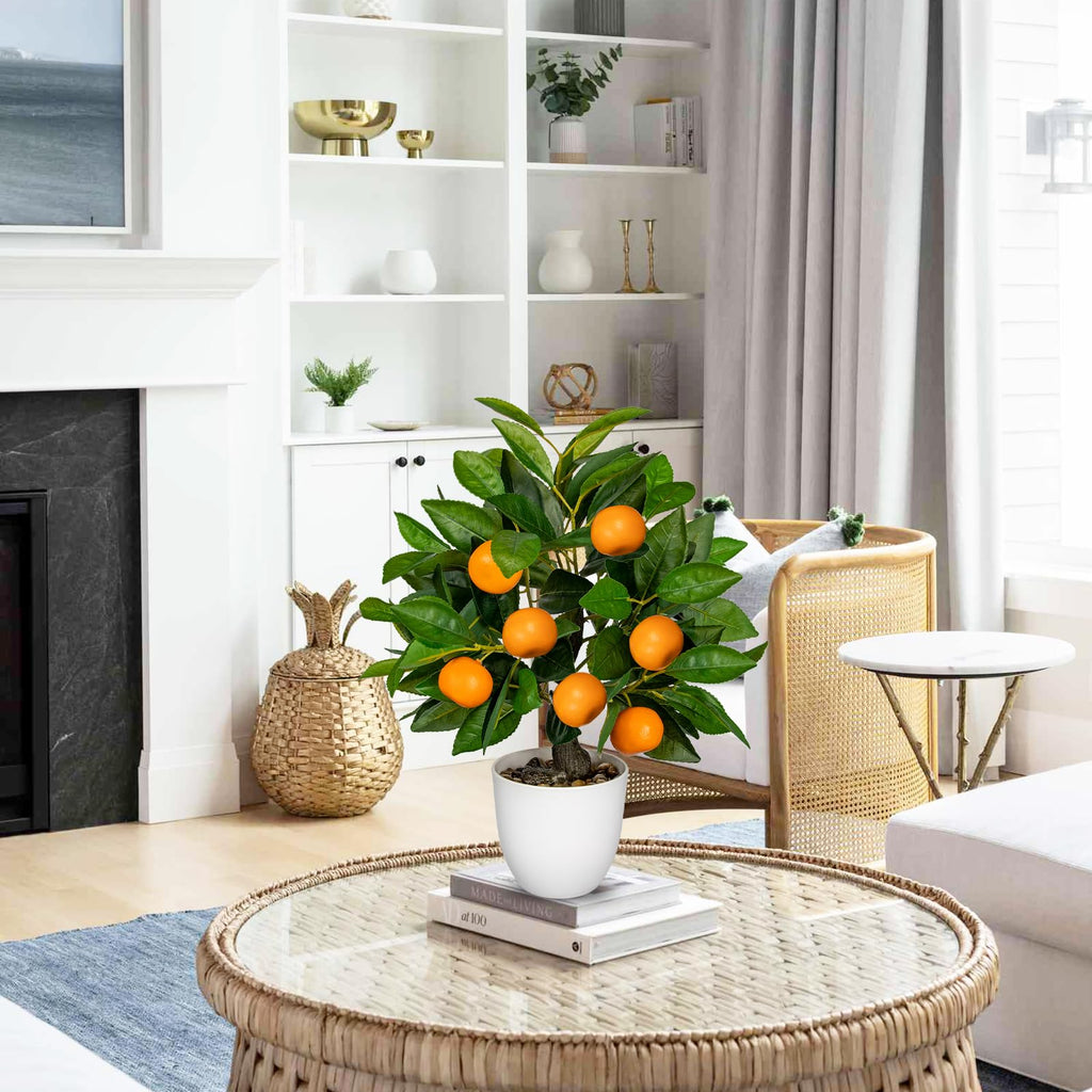 Artificial Potted Plants 16.1 inches Fake Orange Tree Artificial Citrus Fruit Plant with White Pot Faux Plants Indoor