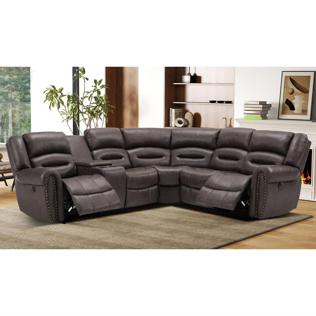 L-Shaped Power Reclining Sectional Sofa Set, Faux Leather Corner Couch Home Furniture Set with Storage Console, Cup