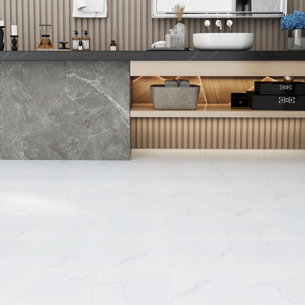 Peel and Stick Vinyl Floor Tiles | White Marble | 30 Tiles