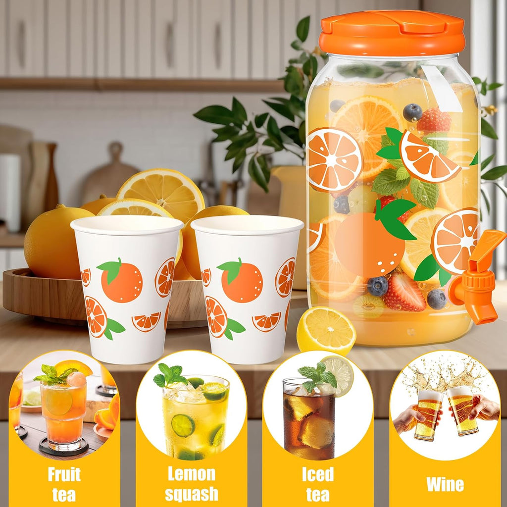Tree Clear Plastic Drink Dispenser with 12 oz Tropical Paper Cups 1 Gallon Kitchen Fridge Beverage Dispenser - Set of 20