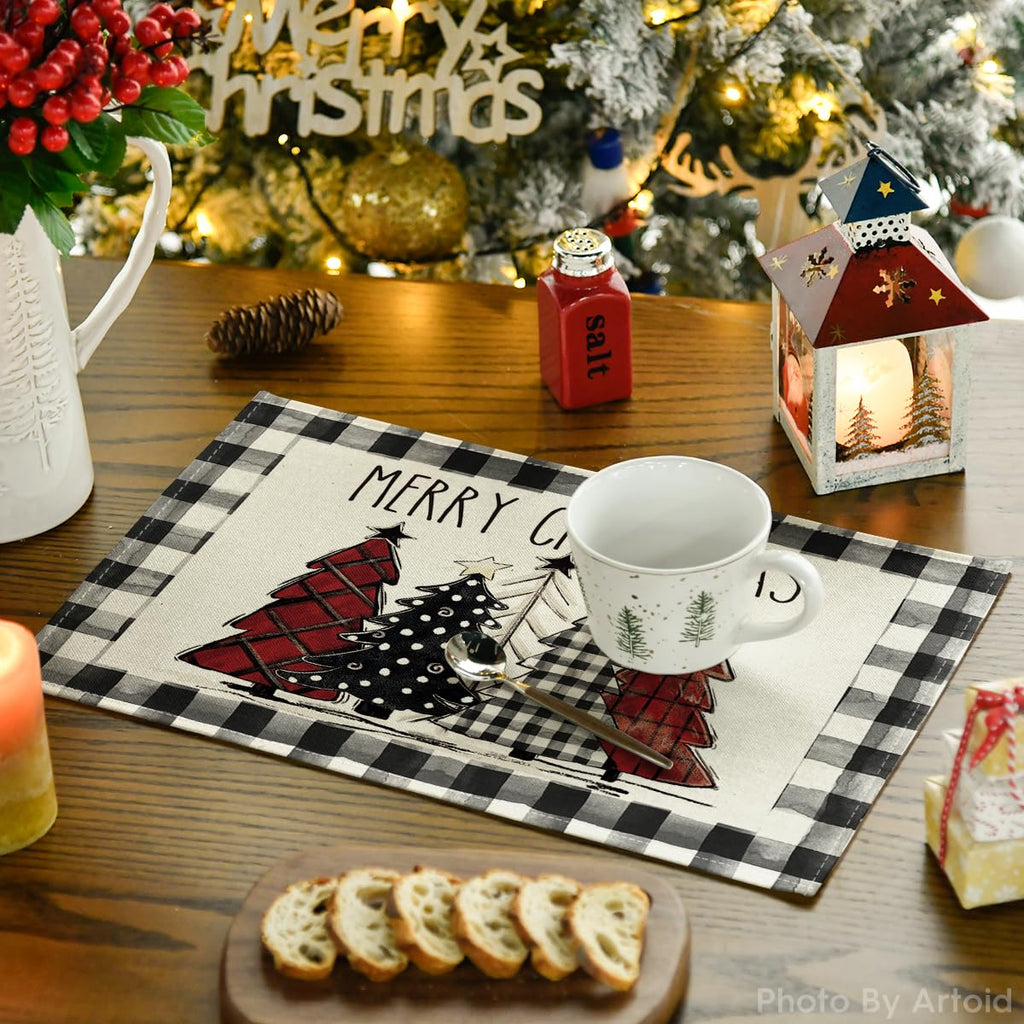 Waterclor Buffalo Plaid Christmas Trees Placemats Set of 8, 12x18 Inch Winter Table Mats for Outdoor Home Party