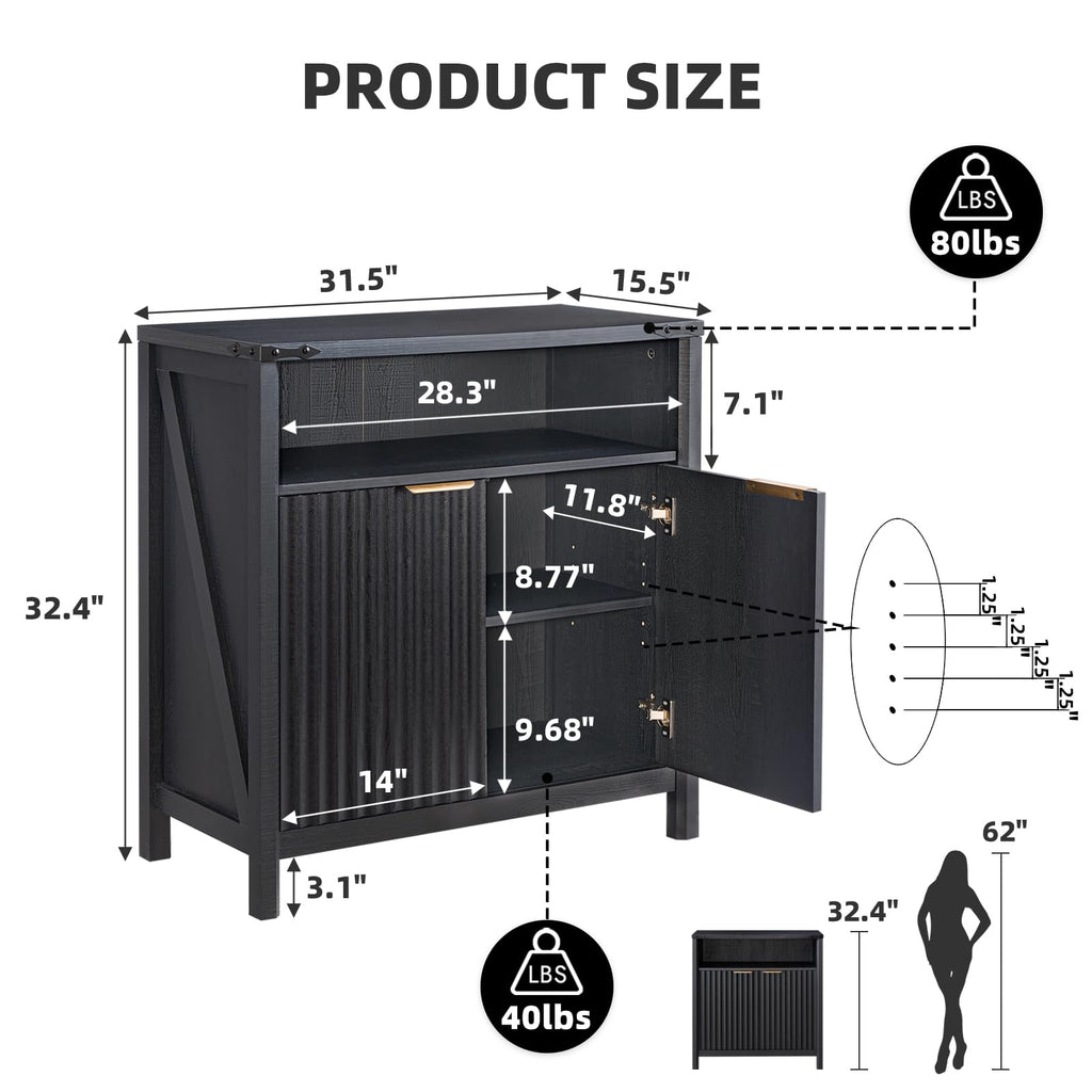 32 Inch Fluted Sideboard Buffet Cabinet, Black Oak