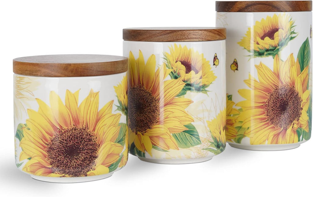 Sunflower Ceramic Canister Sets Counter,Tea Coffee Sugar Canister Set with Bamboo Lid - Set of 3