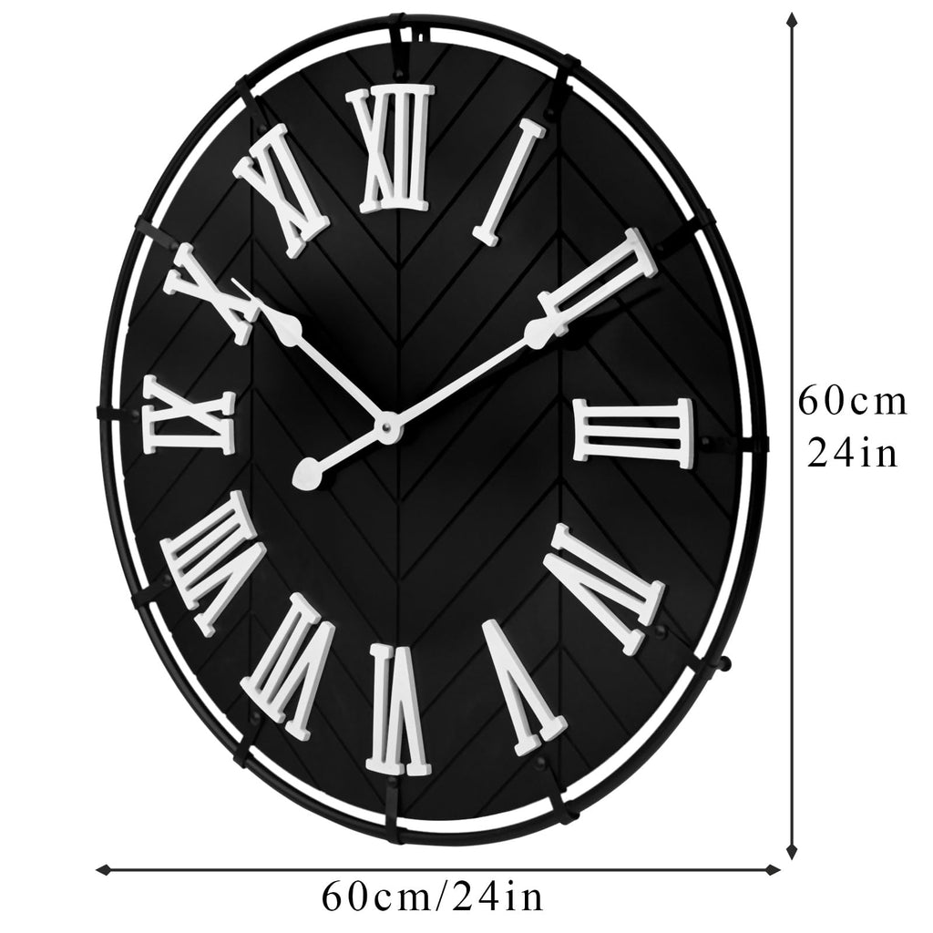 Large Wooden Wall Clock - Extra Large FarmhouseWall Clock with 3D Roman Numerals & Herringbone Splicing, Black Modern