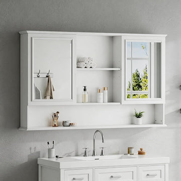 Large Bathroom Medicine Cabinet 60" x 35", Double Mirrored Doors Bathroom Mirror with Storage Shelves, Wall Mounted