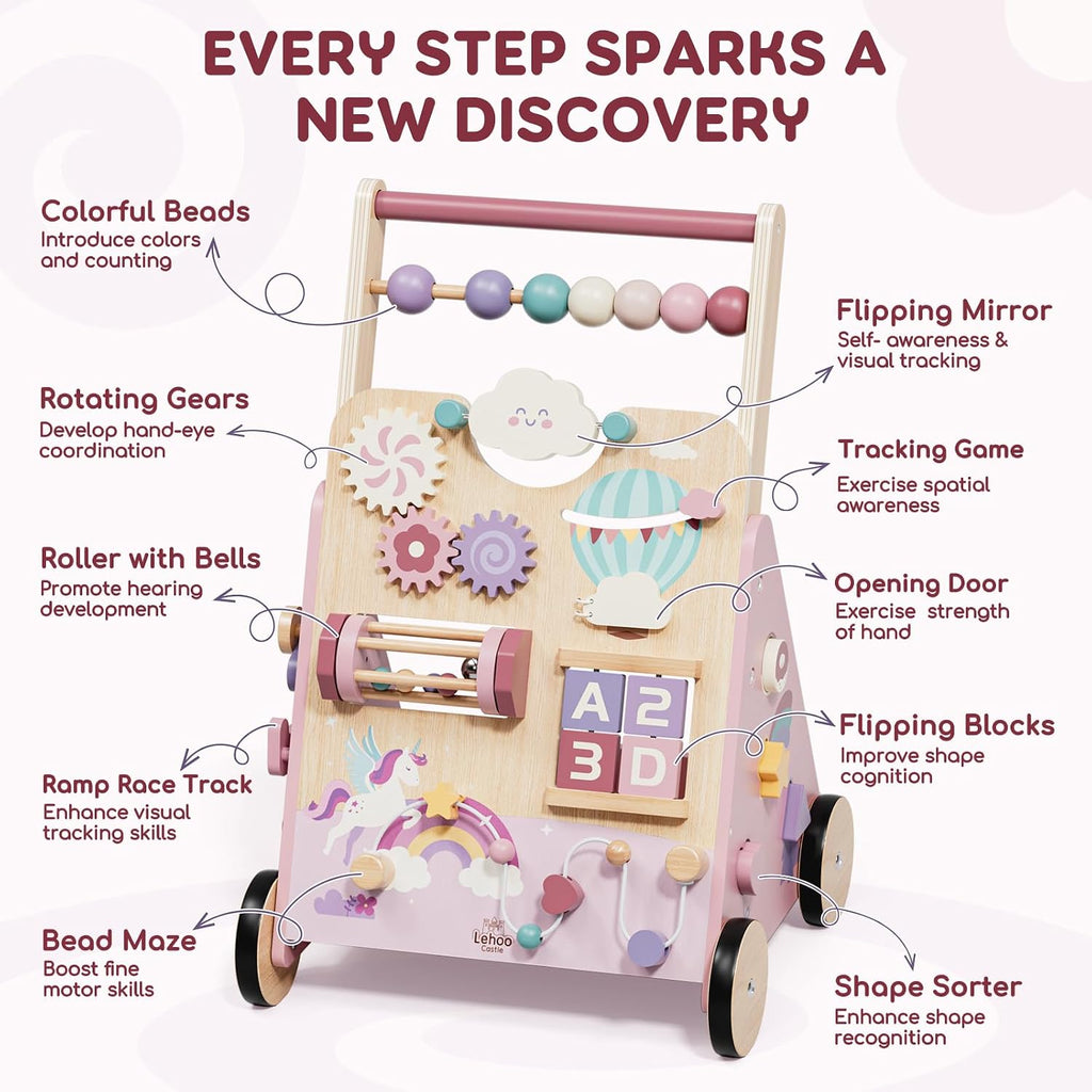 Unicorn Wooden Baby Walker, Adjustable Speed Baby Push Walker