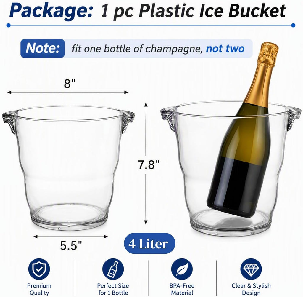 Ice Bucket, 4 Liter Plastic Champagne Bucket Chiller, Thick Clear Beverage Tubs with Handle, Thick Wine Cooler Bucket