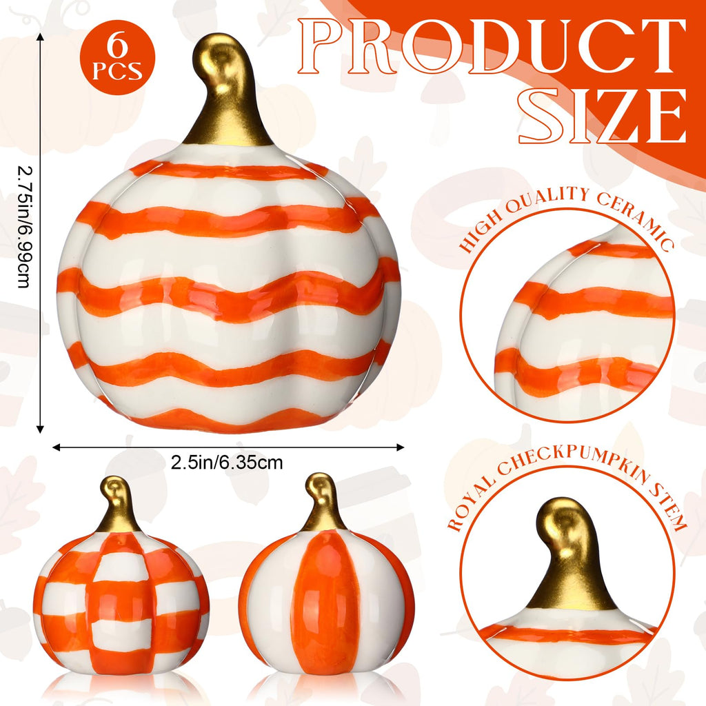 6 Pcs Orange Checkered Stripe Ceramic Pumpkins Fall Centerpiece