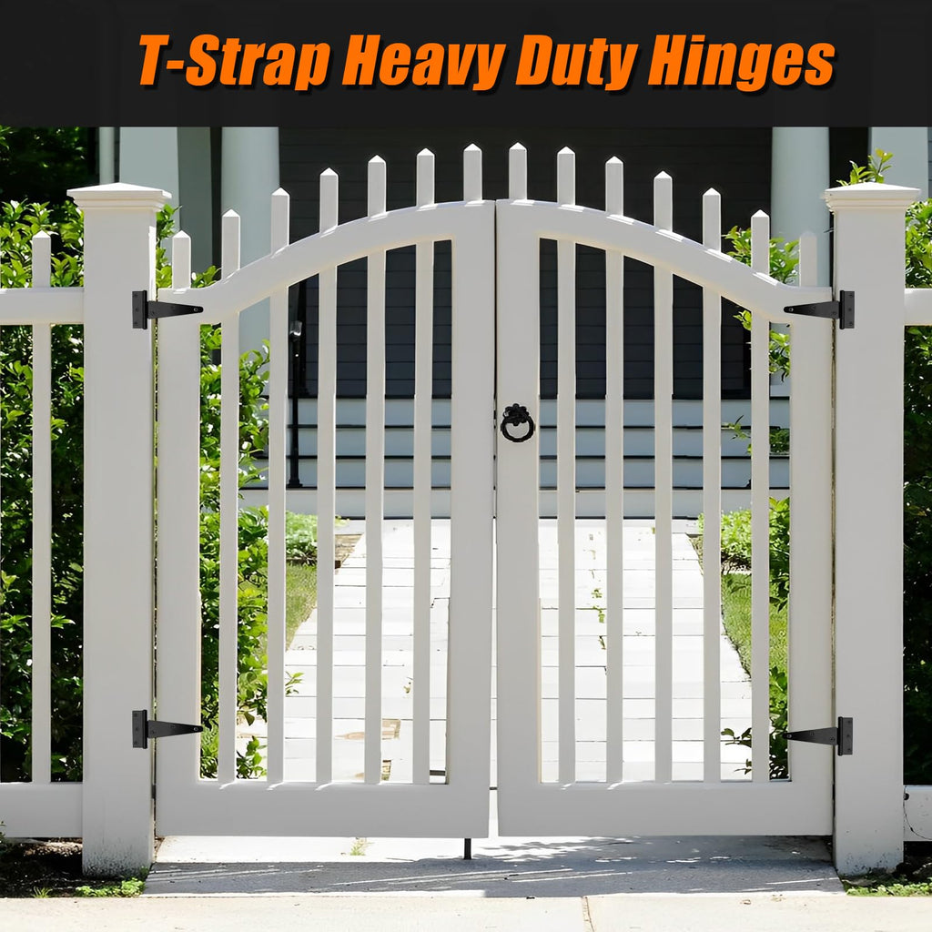 2 Pack 6 Inch T-Strap Shed Door Hinges Heavy Duty, Black Thickened Tee Gate Hinges for Barn Door, Shed or Wooden