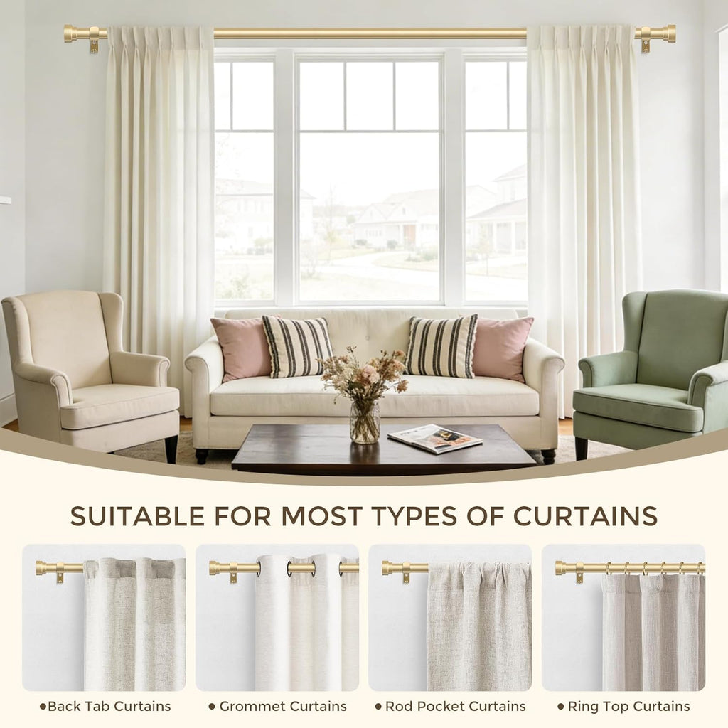 2 Pack Gold Curtain Rods 48 to 84 Inch(4-7FT),1 Inch Heavy Duty Curtain Rods,Adjustable Curtain Rod Set,Modern