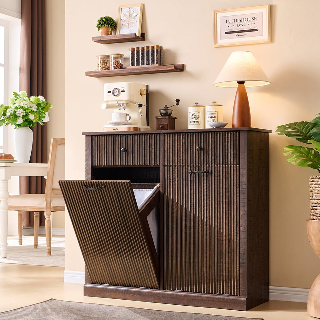 Double Tilt Out Laundry Hamper Cabinet, Modern Trash Cabinet, Brown