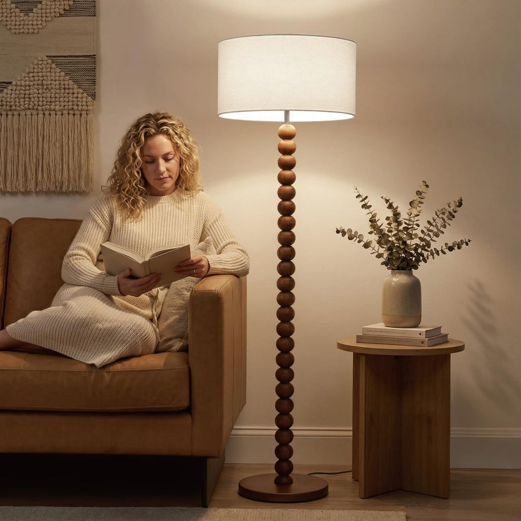 60.6 Inch Beaded Walnut Wood Floor Lamp with Linen Shade, Cream