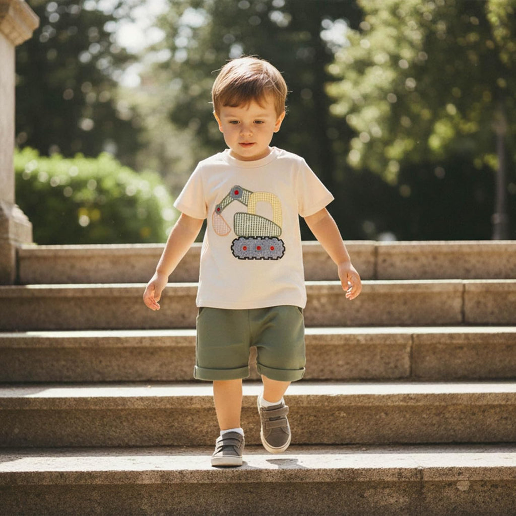 Toddler Baby Boy Summer Clothes Excavator Embroidery Short Sleeve T-Shirt Elastic Waist Shorts Set 2 Piece Outfit