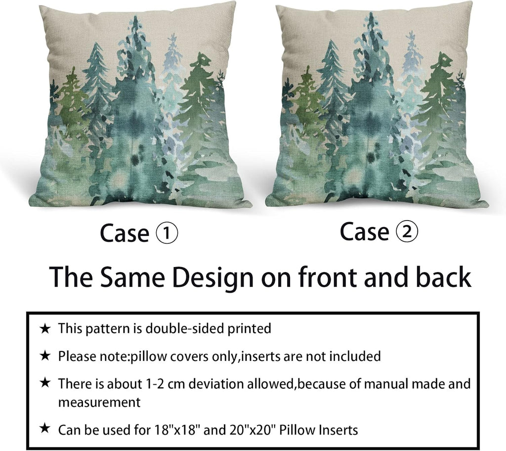 Winter Christmas Tree Pillow Covers 18x18 Blue Green Nature Forest Rustic Watercolor Style Print Decorative - Set of 2