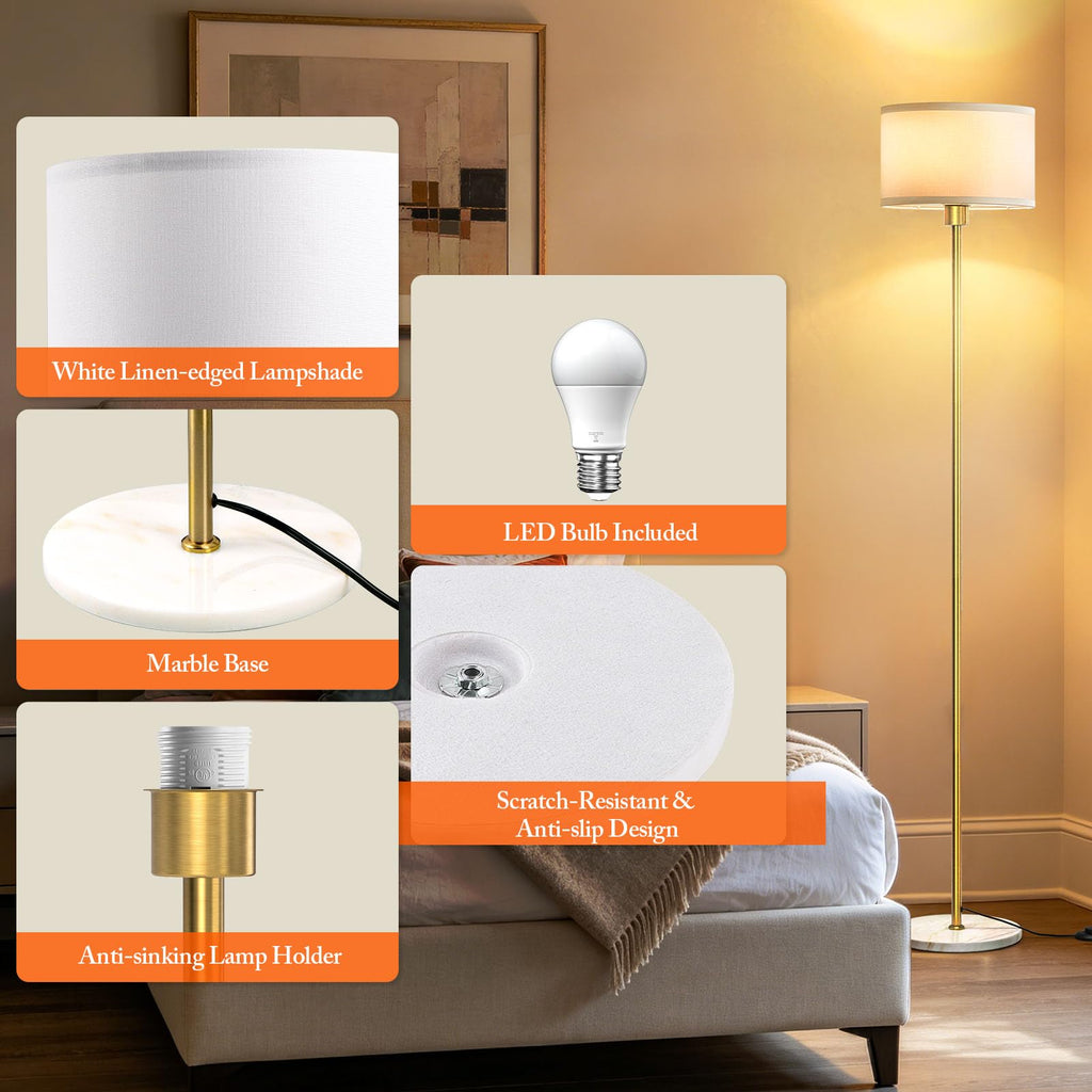 63" Gold Floor Lamp, Standing Lamp with Marble Base