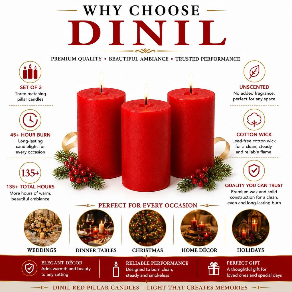 Rustic Red Pillar Candles 3x4 Inch, Set of 3, 45+ Hour Burn, Dripless