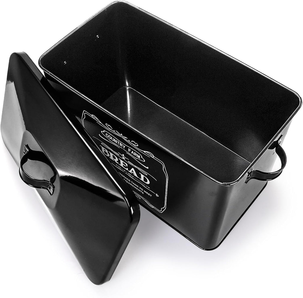 Metal Bread Box with 3 Kitchen Canisters Set, Large Black Farmhouse Bread Tin Countertop, Coffee Tea Sugar Canister - Set of 4