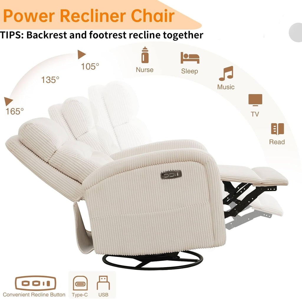 Power Swivel Rocker Recliner ,reclining rocking chair,CreamWhite | 270° Swivel Rocker with Type-C & USB Port Double