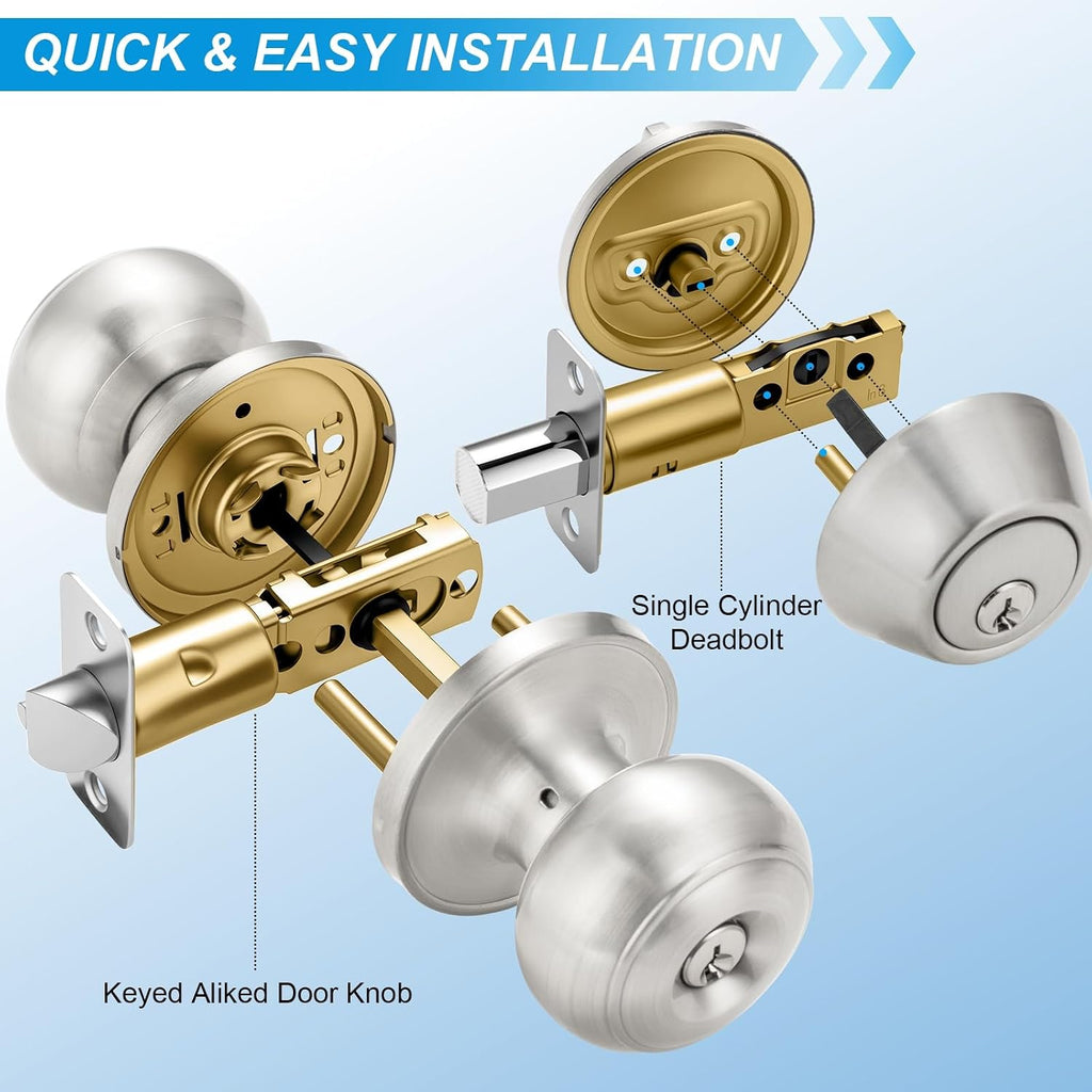 3 Pack Entry Door Lock and Single Cylinder Deadbolt Combo Set, Keyed Alike Satin Nickel Exterior Door Knobs with