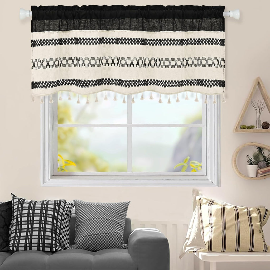 Farmhouse Linen Valance for Windows Boho Crochet Short Curtain with Tassel Country Black Valance for Kitchen Light