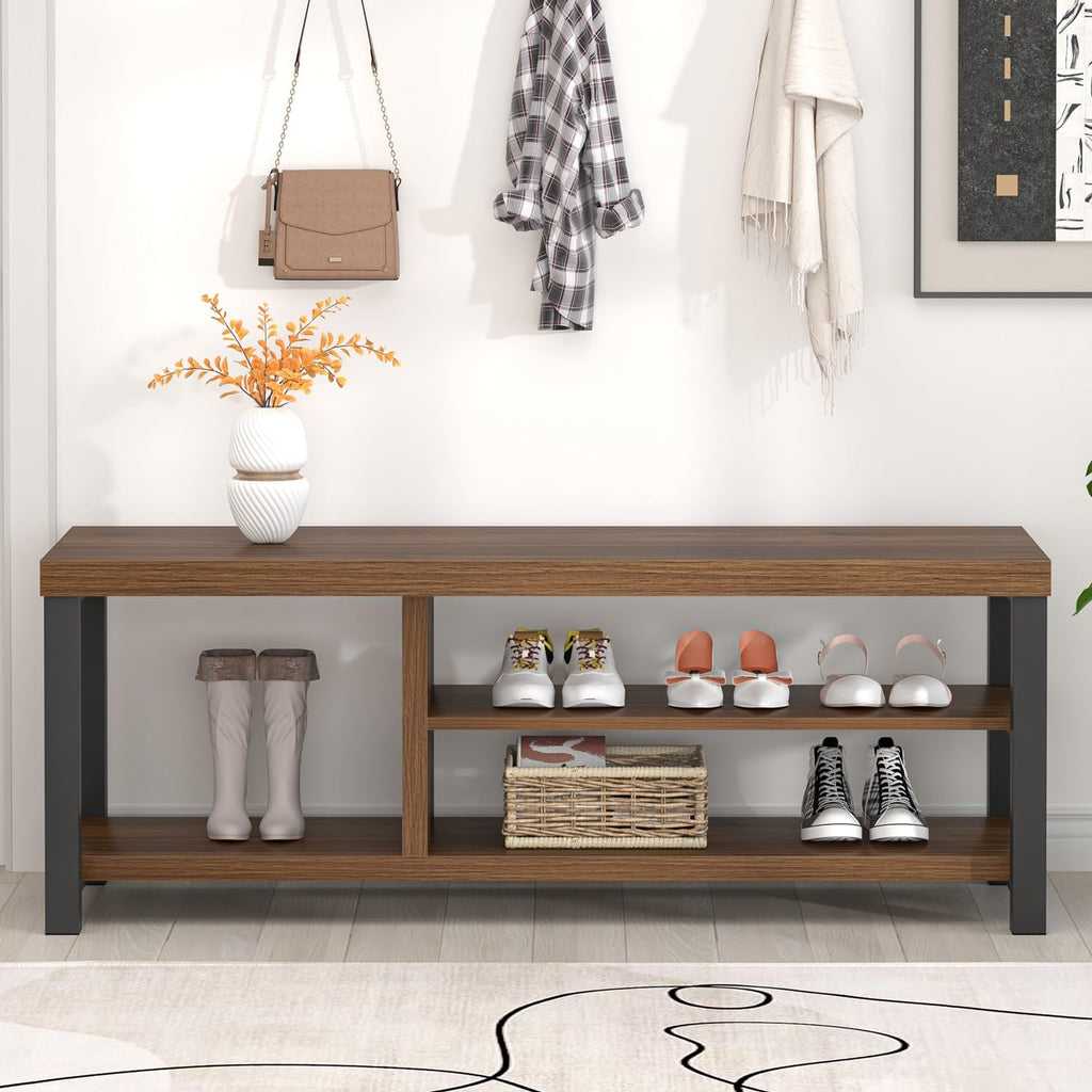 Entryway Bench, Modern Wood Shoe Bench Hallway, Industrial Indoor Shoe Storage Bench Seat, Rustic Walnut, 47 Inch