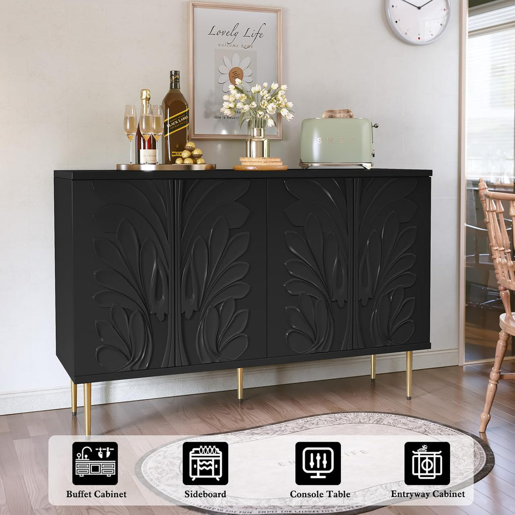Sideboard Buffet Cabinet with 3D Flower Pattern, Accent Cabinet with 4 Doors & Adjustable Shelves