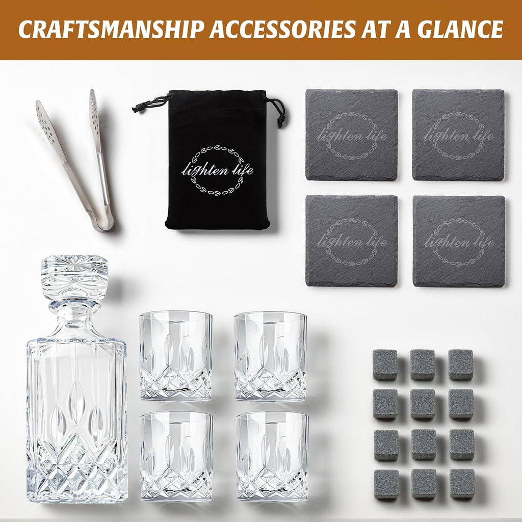 Whiskey Decanter Set with Bar Accessories,Crystal Whiskey Decanter and Glass Set in Gift Box,Non-Lead Bourbon - Set of 5