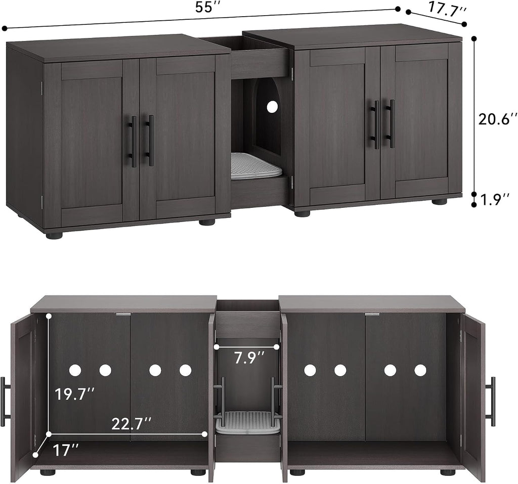Dual Chamber Cat Litter Furniture for Multi-Cat Homes - Hidden Litter Box Cabinet with Scratching Pad & Storage
