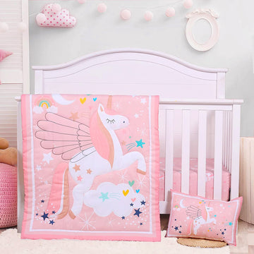 Unicorn Crib Bedding Set for Girls Pink Baby Nursery Sets 3 Pieces