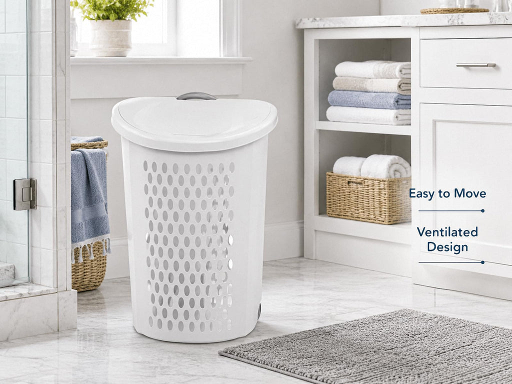 Rolling Laundry Hamper with Lid,White Wheeled Plastic Laundry Hamper
