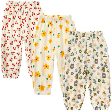 Toddler Baby Girls 3 Pack Elastic Waist Pants Soft Cotton Linen Harem Bloomers Summer Fall Long Pants,Flowers