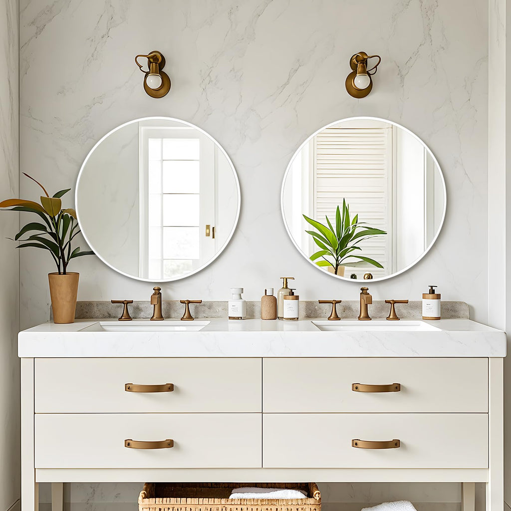 White Round Mirror 18 Inch, Wall Circle Mirror, Matte Framed