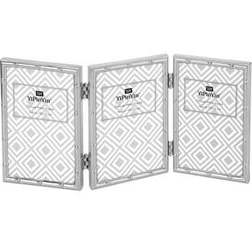 Elegant Silver Plated 4x6'' Hinged Triple Metal Picture Frame, Bamboo Detail Designs, with Real Glass & Soft Touch