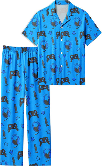 Boys Pajamas 2 Piece Set Big Boys Pjs Button Down Short Sleeve and Pants Kids Sleepwear Loungewear
