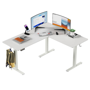 63 x 55 Inch L-Shaped Standing Desk, Electric Corner Workstation White
