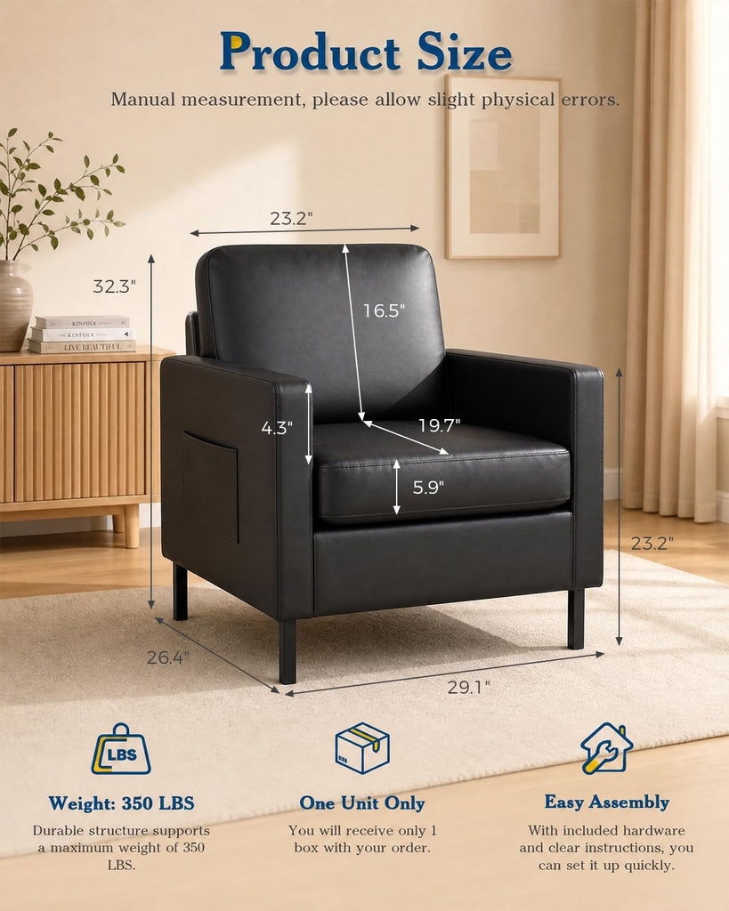 Mid Century Black Leather Mordern Accent Chairs - Set of 2