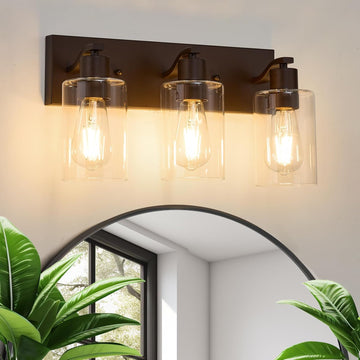 3 Lights Bathroom Light Fixtures Oil Rubbed Bronze Vanity Light with Clear Glass Shade 18in Modern Bathroom Lighting