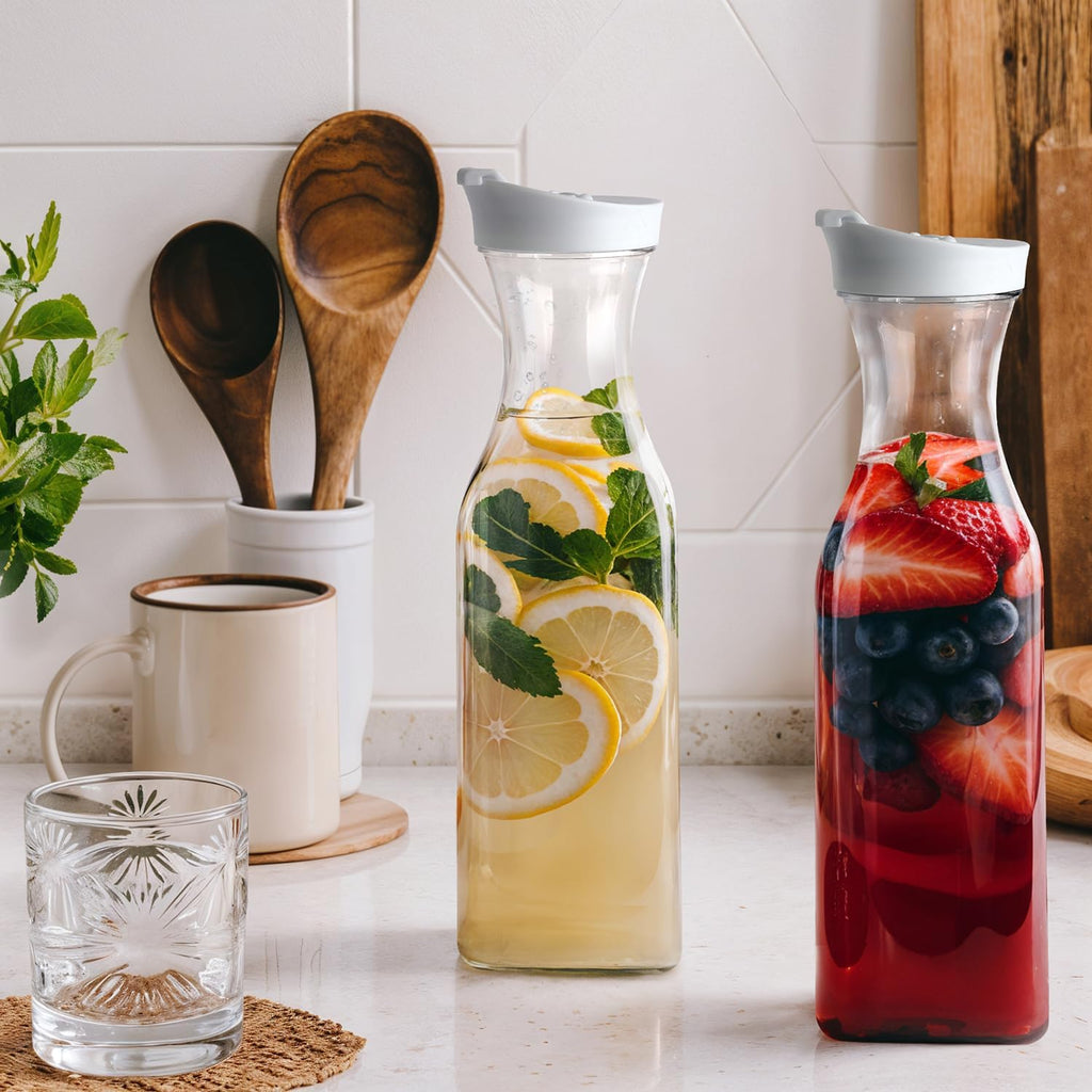 [50 oz - 2 Pack] Plastic Carafe with Lid, Large Capacity Square Base - Clear Pitcher with Flip Top Lid, Easy-Pour