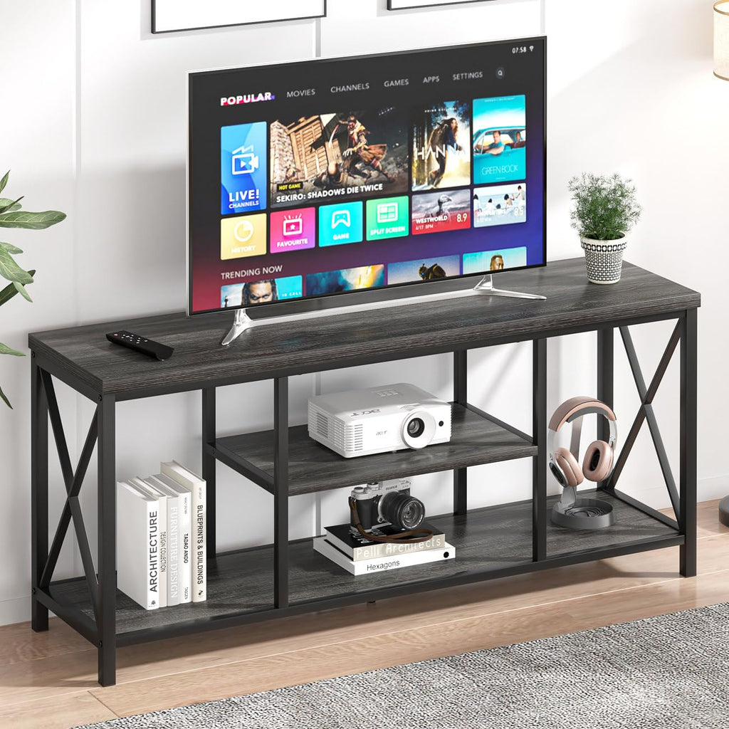 Modern TV Stand for TV up to 65 Inch, Rustic Wood Entertainment Center with Storage Shelves, Industrial Media TV