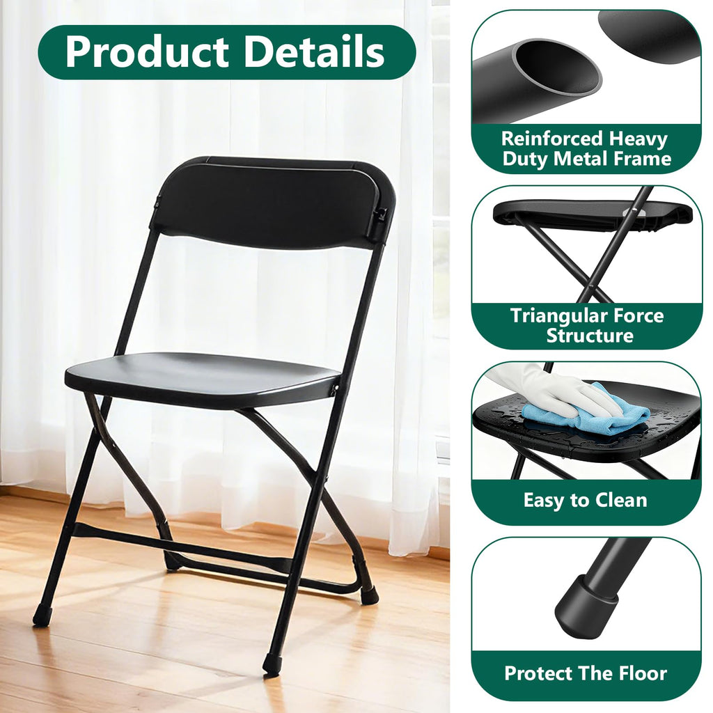 20 Pack Black Plastic Folding Chairs, Outdoor Portable Folding Chair with Steel Frame, 350lbs Capacity Stackable