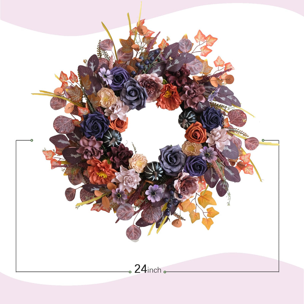 24inch Fall Wreaths for Front Door, Autumn Wreath with Purple Rose Orange Peony Eucalyptus Leaves, Farmhouse Wreaths