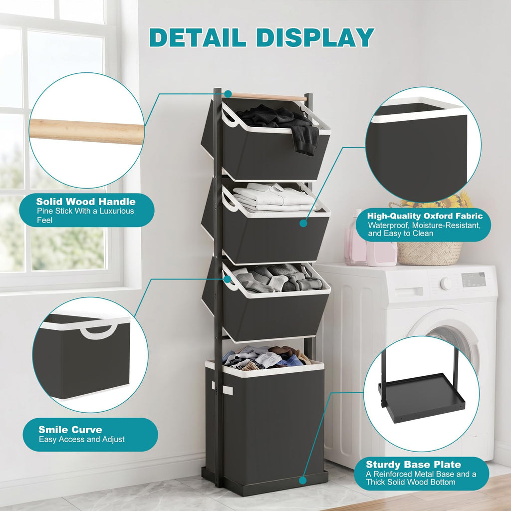 4-Tier Laundry Hamper Sorter, Vertical Laundry Sorter with Removable Basket