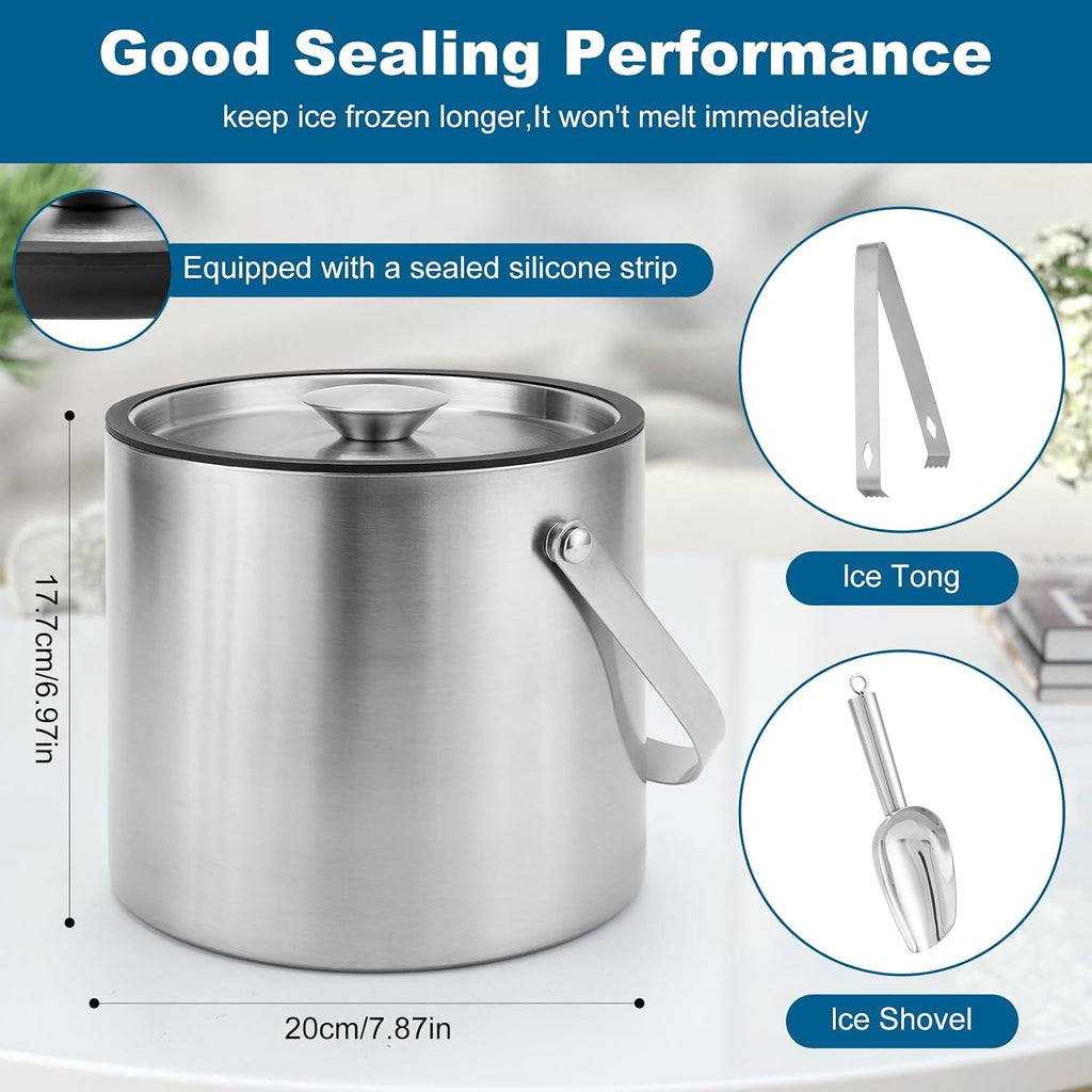 4L Stainless Steel Ice Bucket for Parties Double wall with Lid,Scoop& Tongs