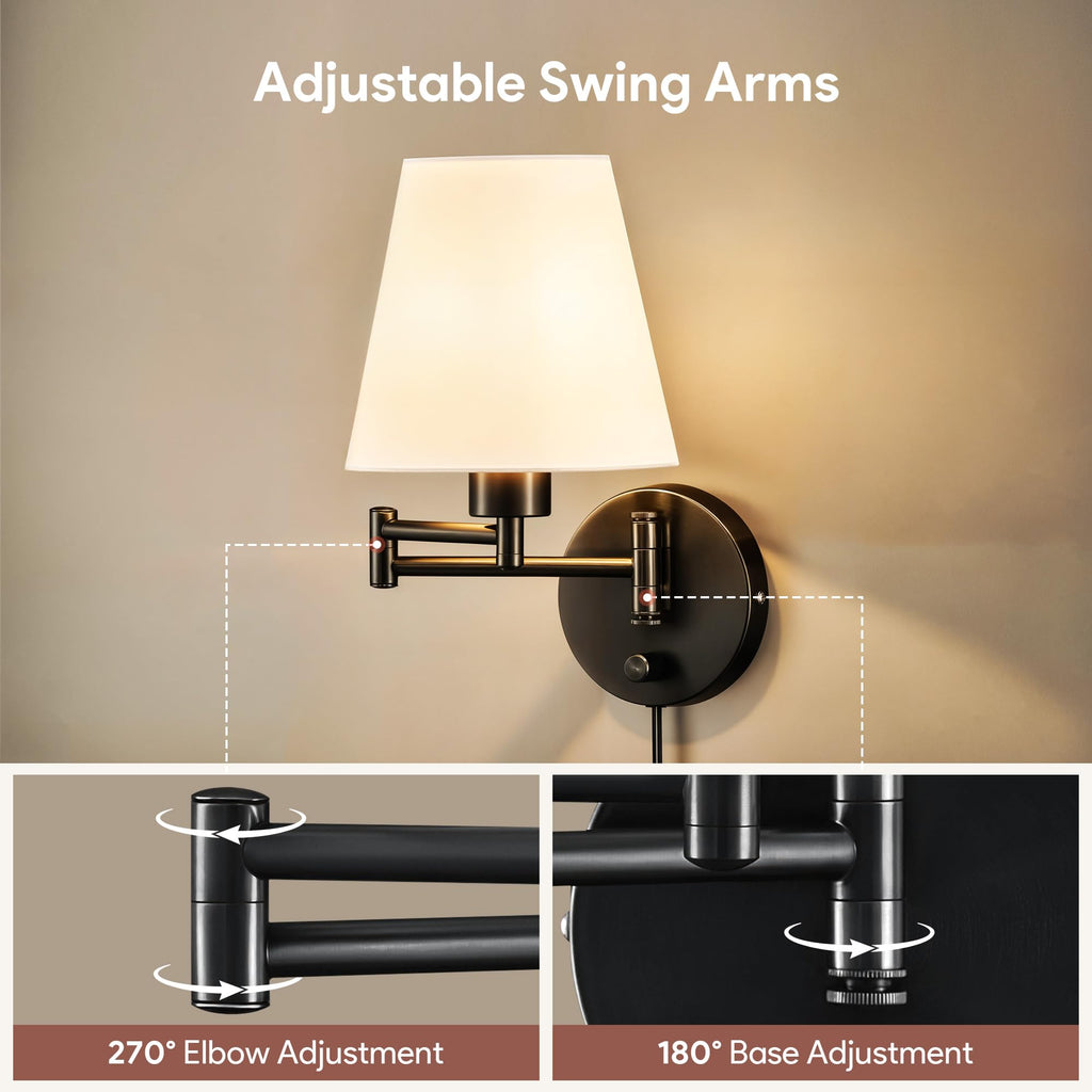 Wall Sconce Set of 2, Plug in & Swing Arm Wall Lamps, Black Finish