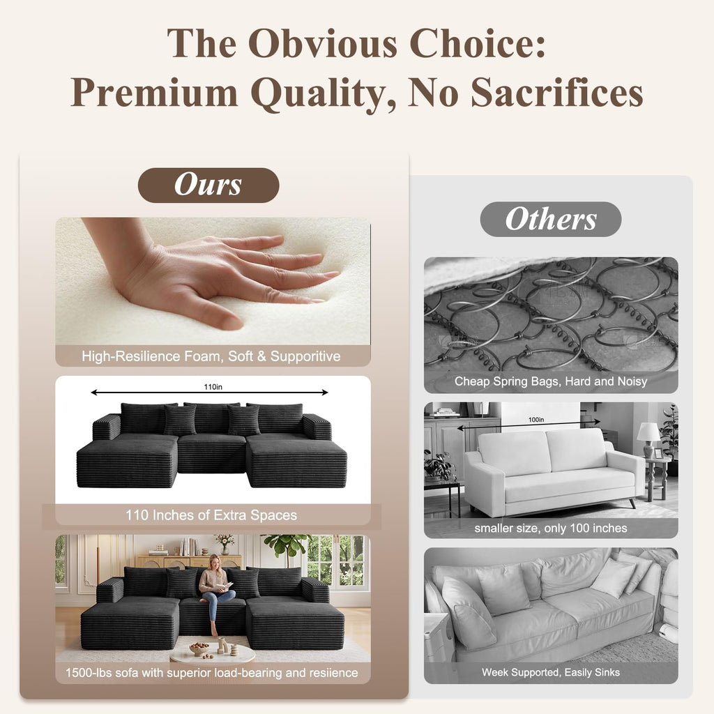Boneless Couches - 110" U Shaped Modular Sectional Sofa with Ottoman Oversized Deep Seat Corduroy No Assembly Memory