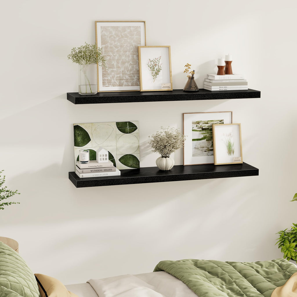 Black Floating Shelves Wall Shelf 48 Inch, 9.3 Inch Deep Floating Shelf for Wall, Farmhouse Black Wood Shelves