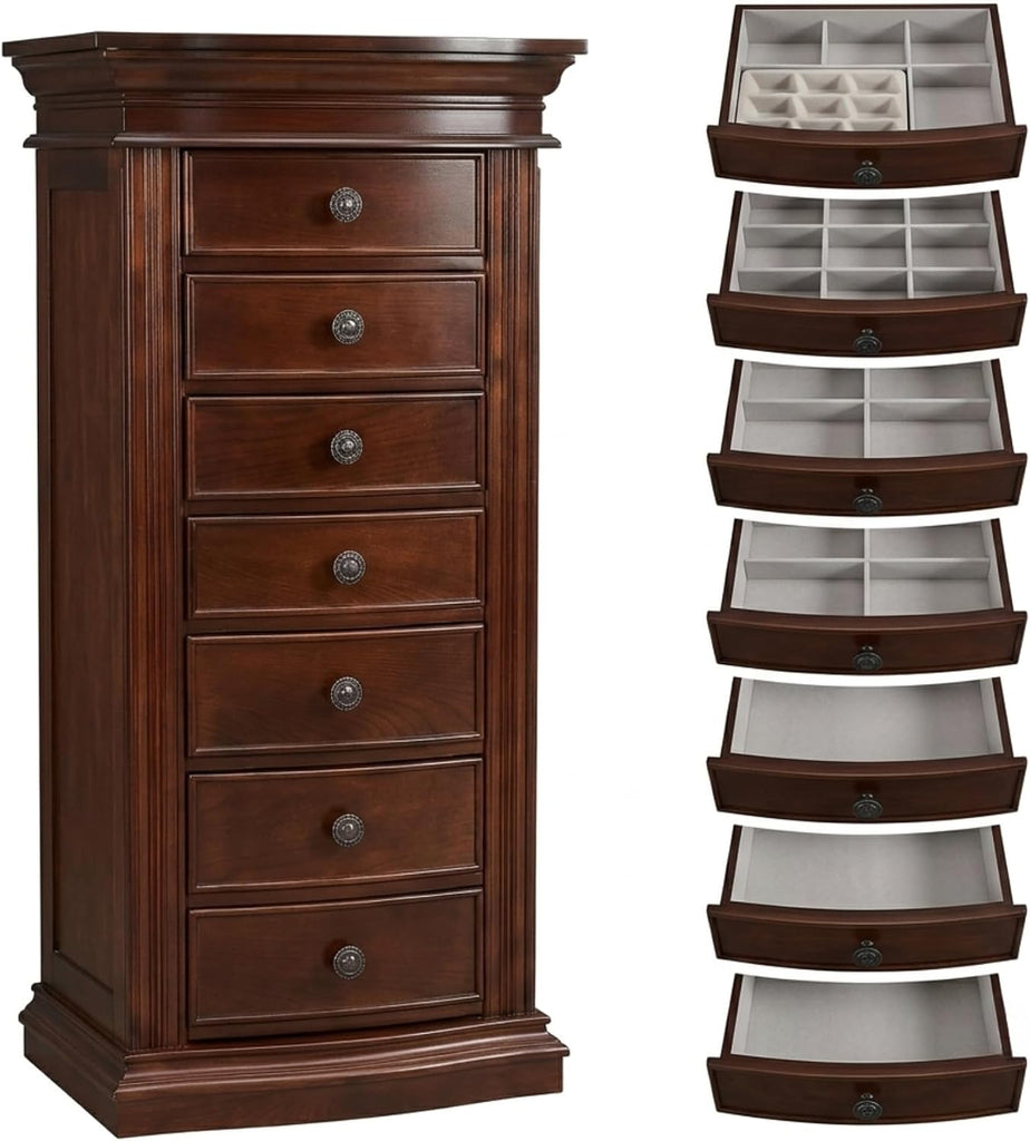 Luke Standing Jewelry Armoire - Large 7-Drawer Wooden Organizer with Mirror, Side Doors, and Anti-Tarnish Lining