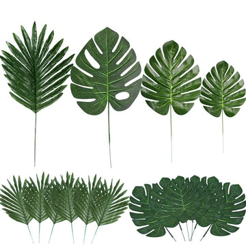 60 Pieces 4 Kinds Artificial Palm Leaves with Faux Stems Tropical Plant Leaves Monstera Leaves Safari Leaves for